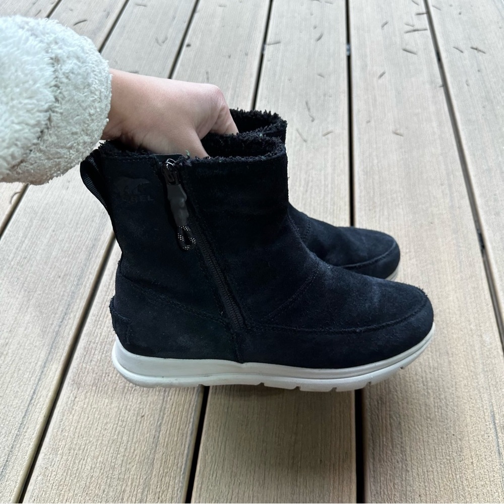 Sorel Explorer Side Zip Suede Black Boots Waterproof Faux Fur Lined Size 7 Women - Picture 6 of 12